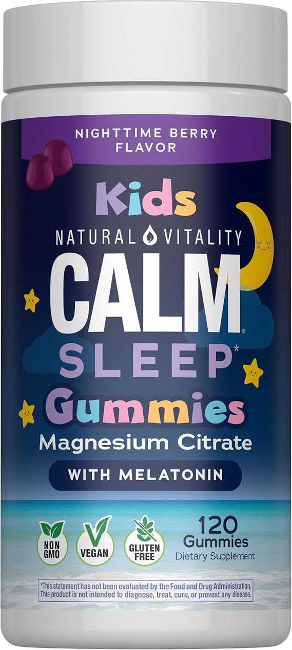 Natural Vitality Kids Calm Magnesium Sleep Gummies | Nighttime Berry Melatonin Supplement| Supports a Healthy Response to Stress | 120 Count