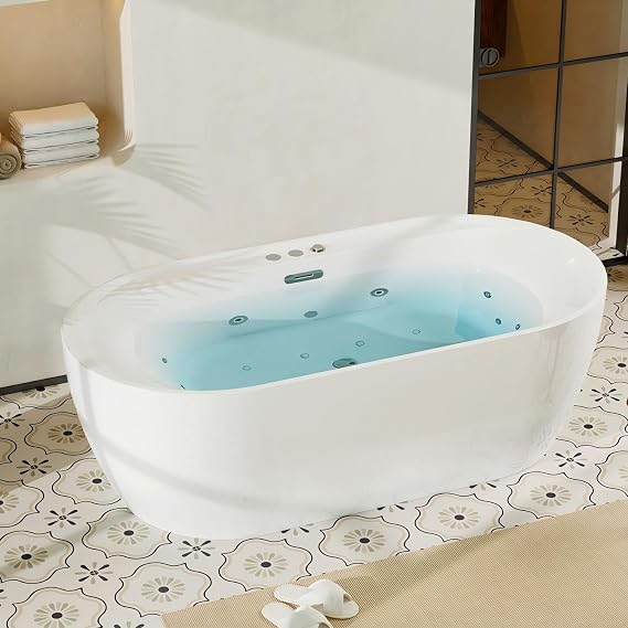 GarveeTech 71x35 in Freestanding Acrylic Bathtub, Massage SPA Soaking Tub, Water Jetted Air Bubble and Heated Soaking Combination Bathtub with 10 Hydromassage Adjustable Water Jets, White