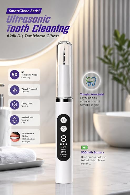 Auhma SmartClean AMF12 Ultrasonik Diş Temizleme Cihazı 5 Modlu Akıllı Diş Tartarı Ve Plak Temizleyici