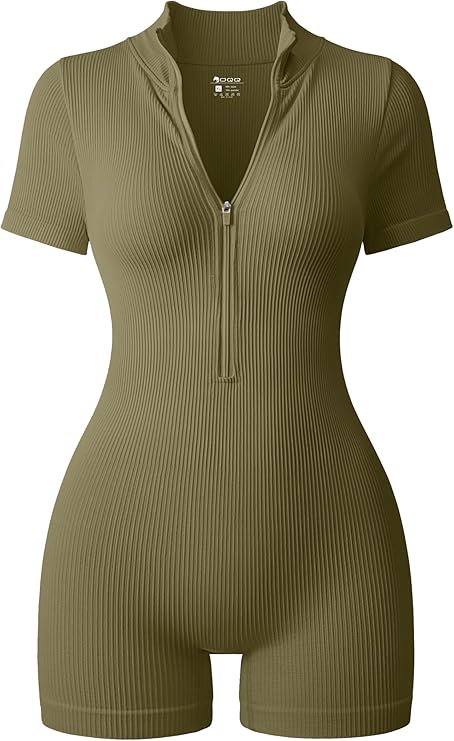 OQQ Women Rompers Ribbed Short Sleeve Zip Front Stretch Tummy Control Yoga Workout Rompers
