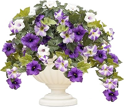 Daily Treasures 2Pack Artificial Hanging Flowers,24 Heads Silk Morning Glory Flowers Per Bouquet, Realistic Artificial Petunias for Garden Balcony Yard Porch Spring Summer Planter Decor Purple,White