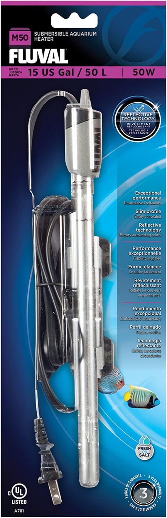 Fluval M 50-Watt Submersible Aquarium Heater for Fresh & Saltwater Tanks | Compact, Reliable Heating with Mirror Technology