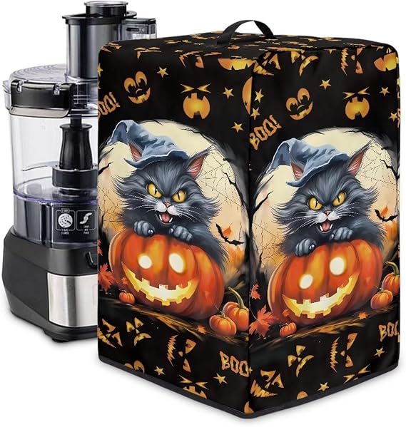 Blender Dust Cover Halloween Cat and Jack-o'-Lantern Print Food Processor Hood for Home Kitchen Small Appliance Equipment Protective Cover with Handle