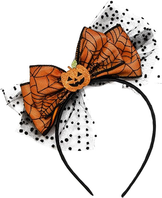 Halloween Bow Headband Pumpkin with Mesh Design Headands Ornage Hair Hoop for Thanksgiving Halloween Party Headand Hair Accessories for Women Girls