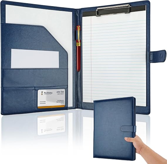Professional Padfolio with Clipboard, Faux Leather Portfolio Folder Binder | Blue Legal Pad Holder for A4 Letter Size Notepad, Resume, Notebook Cover Organizer for Business Office Conference
