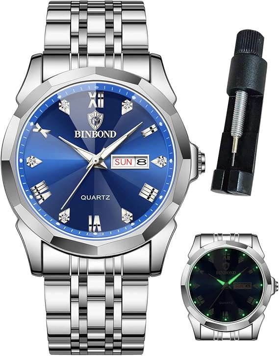 BINBOND Watches for Men Luxury Diamond Business Dress Stainless Steel Waterproof Luminous Date Two Tone Casual Wrist Watch