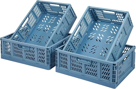 Foldable Plastic Storage Boxes Shelf Baskets Set of 4 Folding Storage Baskets Kitchen Drawer Inserts Stackable Storage Boxes Transport Boxes Cupboard Containers Cubes Home Office Bedroom Kitchen Blue