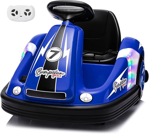 Bumper Car for Kids with Big Wheel, 3.1 Mph Max, 12V Toddler Bumper Car with Remote, Electric Car with DIY Stickers, 360Spin, Music, Led Lights, 2 Driving Mode for Indoor Outdoor (Dark Blue)