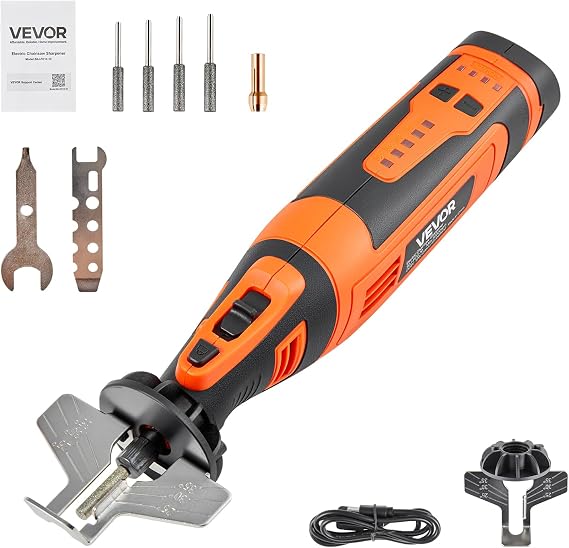 Vevor コードレス チェーンソーシャープナー、5速 調節可能な電動ソーチェーンシャープナー 5000-30000 Rpm、充電式ハンドヘルドチェーンソーシャープニングツール 4つのシャープニングヘッド&アングルガイドアタッチメント付き