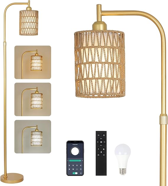 LAMSU Modern Gold Floor Lamps for Living Room, Boho Rattan Floor Lamp with Remote & Dimmable LED Bulb, Farmhouse Standing Lamp with Rattan Shades, Minimalist Tall Pole Lamp for Bedroom Office