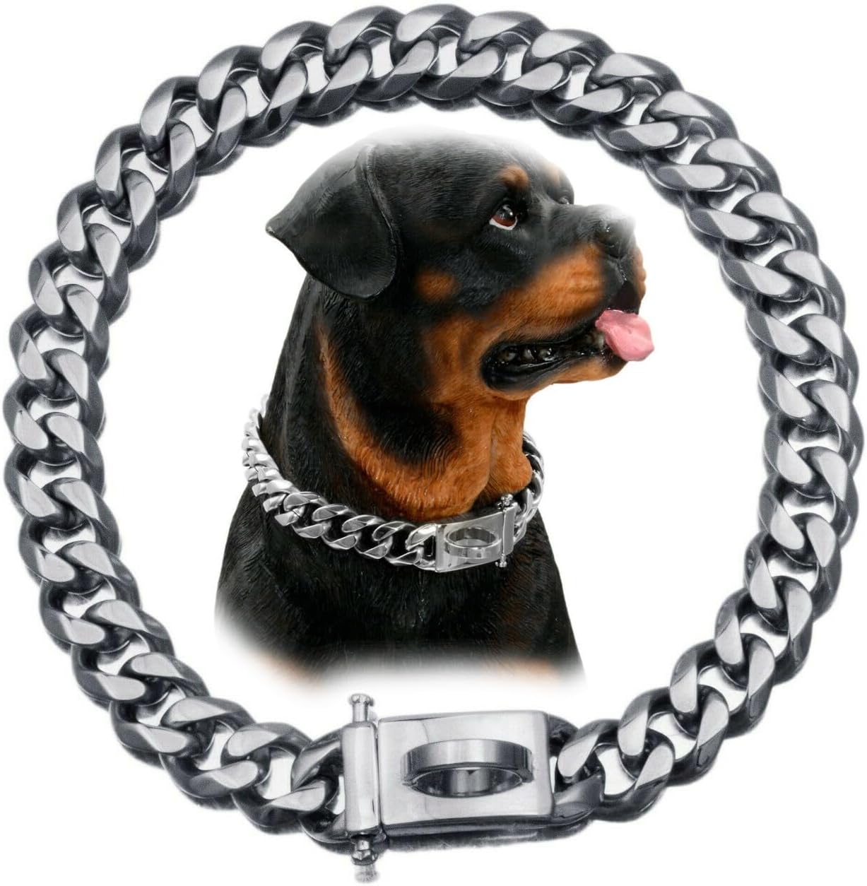 Gold Chain Dog Collar, Dog Cuban Link Link with Safety Design Buckle 15mm Metal Stainless Steel Walking Collar, Stainless Steel Dog Collar for Medium DogsSize:20in,Color:Silver