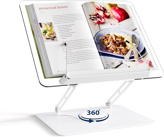 HAUTOCO Adjustable Acrylic Book Stand for Reading, 360 Rotating Base, Foldable Desktop Book Holder with Elastic Page Clips, Hands-Free Cookbook Stand for Laptop, Tablet, Recipe, Textbook, Music Score