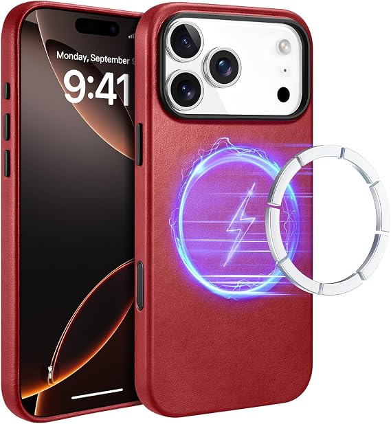 ICARER iPhone 18 Pro Leather Case, Vintage Cover for iPhone 17 Pro (Red)