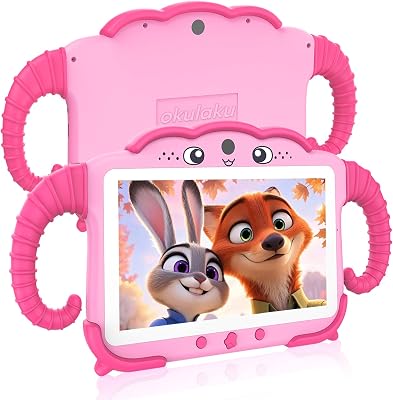 okulaku Kids Tablet 7 inch Toddler Tablets for Kid with Case WiFi Dual Cameras Octa-Core Android System Kids Learning PC for Girls Boys Software Installed 32GB Childrens Computer Parental Control