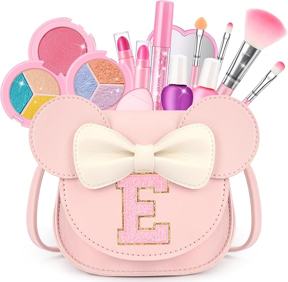 Kids Makeup Kit for Girls, 15 Pcs Real Washable Make Up Set & Purse, Pink E