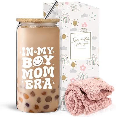 Mothers Day Gifts for New Mom, in My Boy Mom Era 16Oz Glass Cup Unique Christmas Birthday Gifts for Women