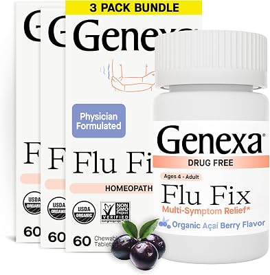 Genexa Flu Fix | Multi-Symptom Flu Remedy for Kids & Adults | Delicious Organic Acai Berry Flavor | Certified Organic & Non-GMO | Homeopathic Remedy Made Clean | 180 Chewable Tablets 3 Pack