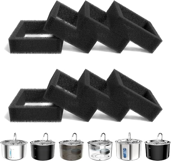 Vividorama Cat Water Fountain Foam Filters, 8-Pack, Black | Replacement Sponge Filter Set Compatible with 3L 101 oz Pet Water Fountains, Helps Capture Hair and Debris