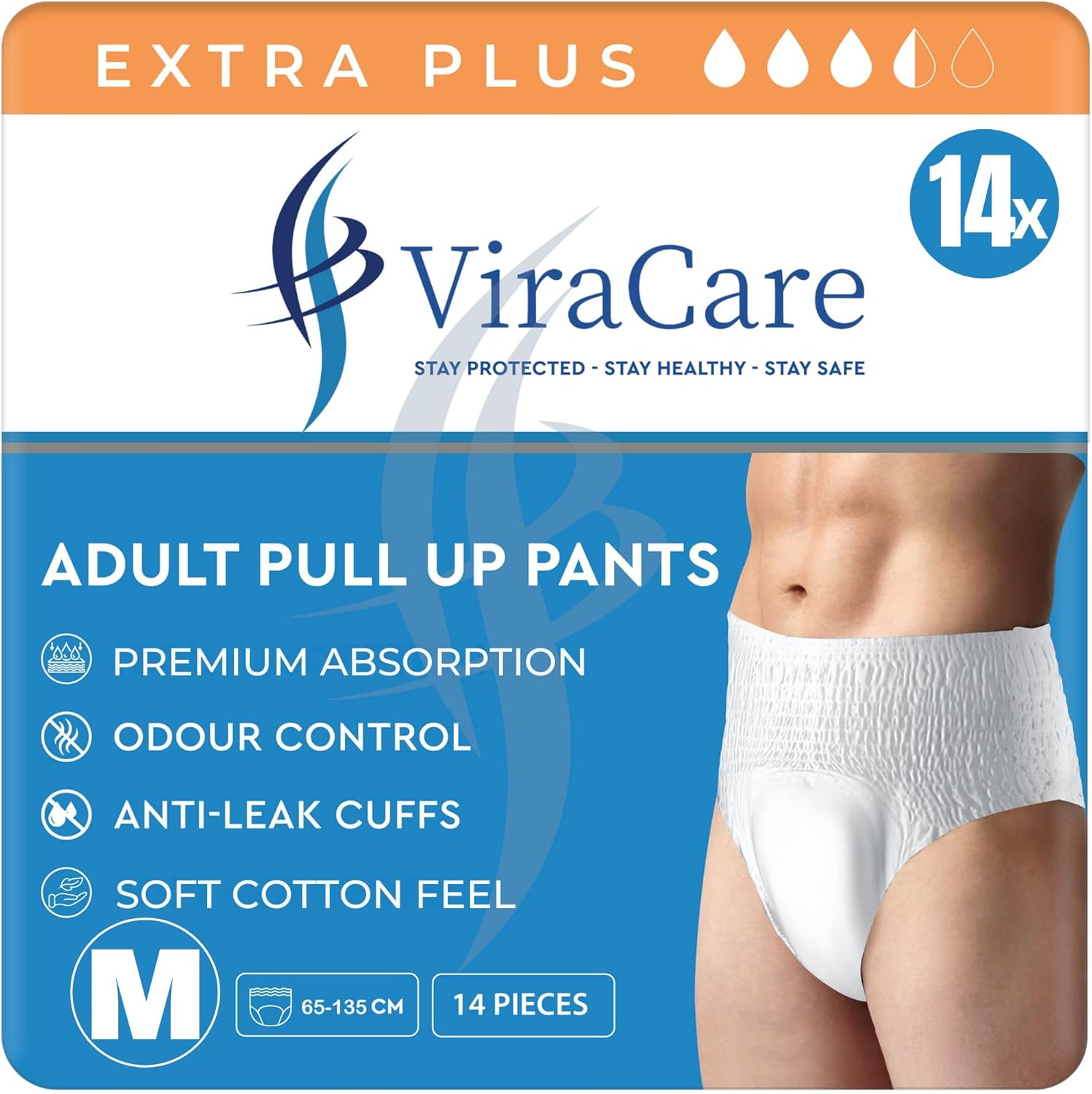 14 x Extra Plus Incontinence Pants Women & Men | Adults Nappies | Premium Absorption and Soft-Stretch Waistband | Adults Pull Up Pants | Waist Size Medium 65-135 cm | 1 Pack of 14, Medium