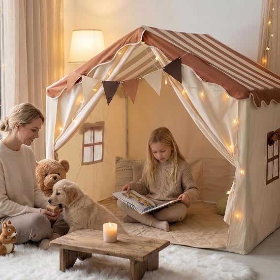 Kids House Play Tent Exta Large Foldable Kids Forts Canopy Tent with Mat, Play Tent for Toddler Indoor Outdoor Playhouse for Room Decor, Star Lights and Colorful Flags