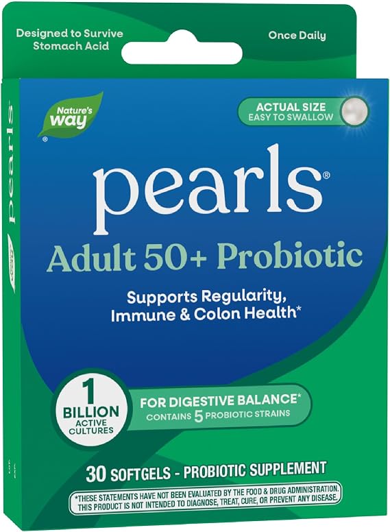 Nature's Way Pearls Adult 50+ Probiotic, Probiotics for Digestive Health* Supports Regularity, Immune & Colon Health*, 1 Billion Cultures, No Refrigeration Needed, 30 Softgels