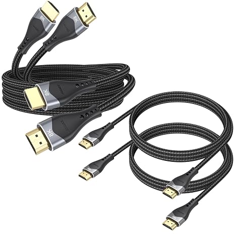 10K 8K Short HDMI Cable 6.6FT 2-Pack + 4FT 2-Pack Bundle, HDMI Cord 2.1 Shielded Cable 48Gbps Ultra High Speed (8K@60Hz, 4K@144Hz, HDR10+, eARC, 3D, HDCP2.3) for Monitor/HDMI Switch/Camera/TV