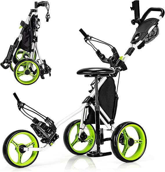 ULTIMATE 3 Wheel Golf Push Pull Cart, Foldable Lightweight Golf Bag Trolley w/Adjustable Seat and Handle, Scorecard Holder, Umbrella Holder, Cup Holder, Storage Bag and Foot Brake
