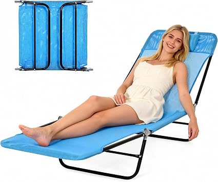 Outdoor Chaise Lounge with Detachable Pillow, Reclining Folding Chair with 5-Position Adjustable Back, Portable Tanning Chair for Beach, Pool, Lawn, Breathable Mesh Seat, No Assembly