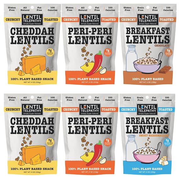 Lentil Telepathy Snack - Healthy Snacks Variety Pack of 6 (4oz), On-The-Go Low Calorie Lentils Snacks & Toppers, High Protein, 100% Plant Based, Non-GMO, Oil Free, Gluten-Free