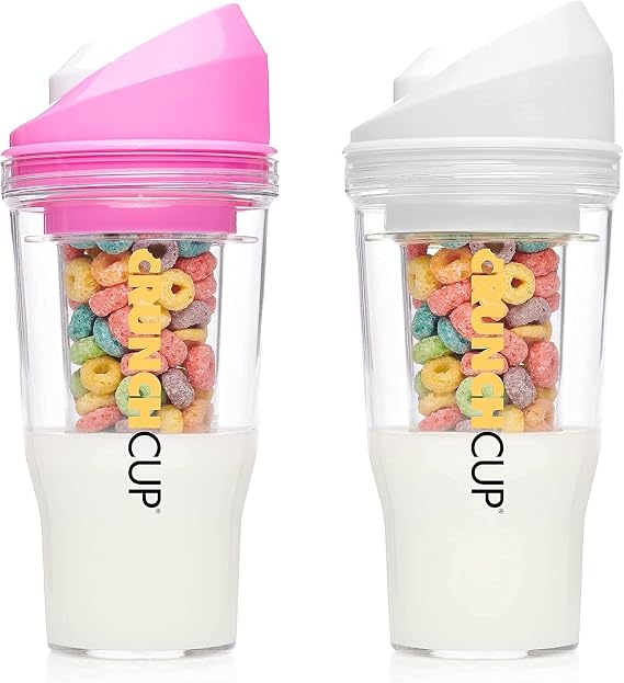 CRUNCHCUP Bundle & Save on Two Portable Cereal Tumblers - No Spoon, No Bowl, It's Cereal on the Go [Pink & White]