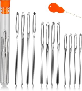 TLKKUE 12 Pcs/3 Sizes Large-Eye Blunt Needles, Steel Yarn Needle with Needle Threader, Tapestry Needle for Sewing Crochet Knitting Embroidery Silver 2.08in/2.36in/2.76in