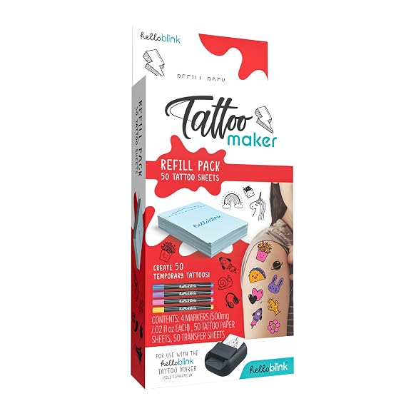 Hello Blink Tattoo Maker Refill Pack Makes 50 Tattoos - 4 New Markers Cosmetic Grade, FDA-Compliant DIY Kit for Kids Ages 8+