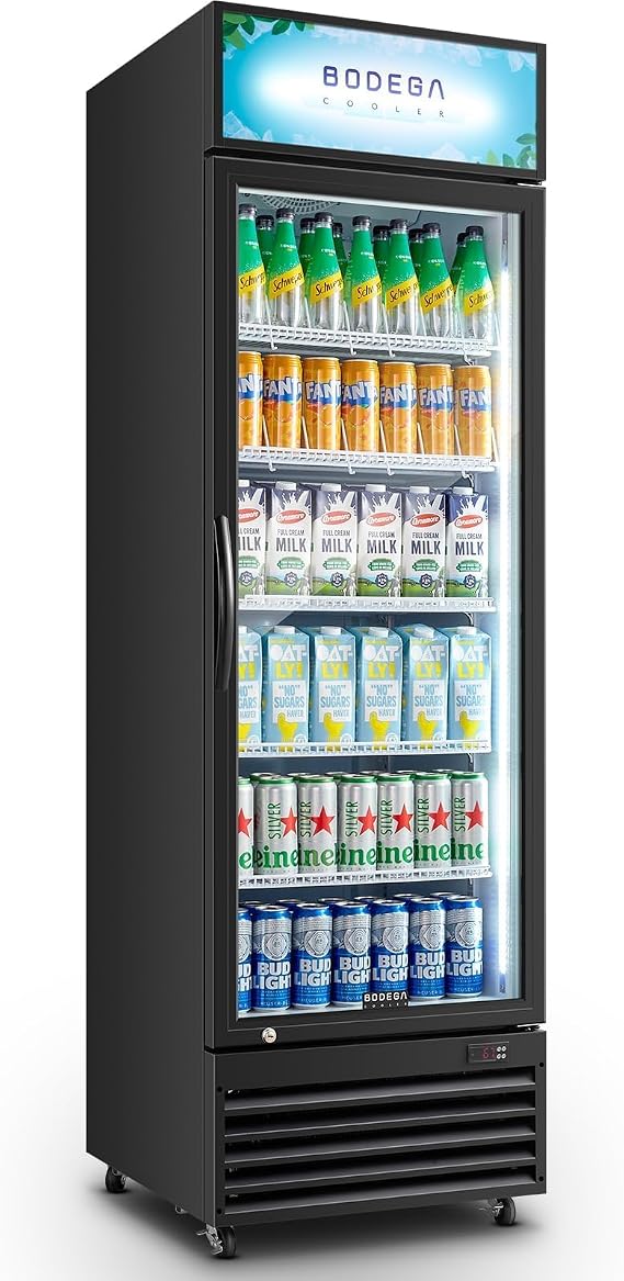 BODEGA BODEGACOOLER 15.5 Cu. Ft Commercial Beverage Refrigerator, Glass Door Upright Display Cooler, 420 Cans Drink Fridge with LED Light, 5 Adjustable Shelves, Lock, Black