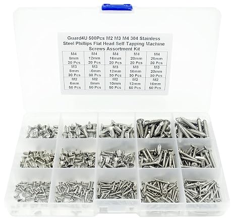 500Pcs M2 M3 M4 304 Stainless Steel Phillips Countersunk/Flat Head Self-Tapping Machine Screws Assortment Kit