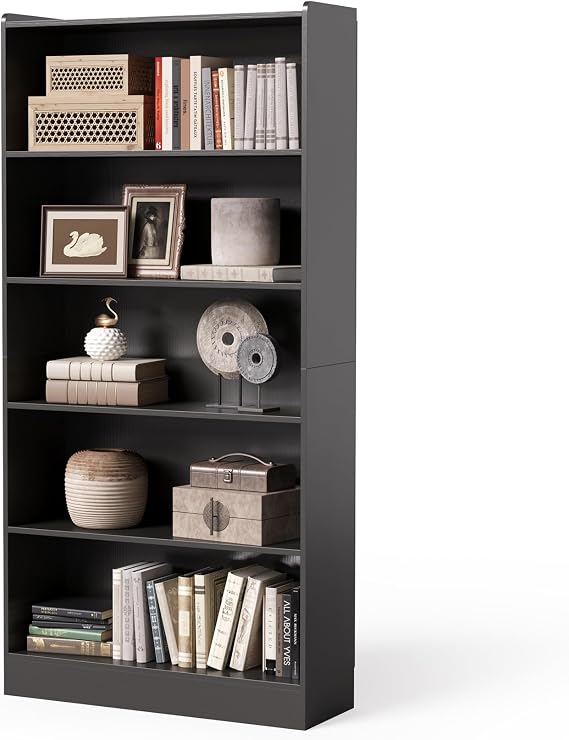 LITTLE TREE 72 Inch Tall Bookcase, Freestanding 6-Tier Library Bookshelf with Closed Shelves, Large Open Bookcases Organizer Wooden Display Shelving Unit for Bedroom Living Room Office, Black