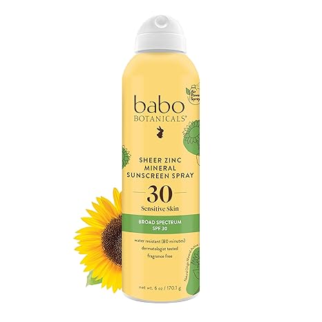 Babo Botanicals Sheer Zinc Continuous Sunscreen Spray SPF30 - Natural Zinc Oxide - Extra Sensitive Skin - Water Resistant - Vegan - Fragrance-Free - Air-Powered Spray - For all ages