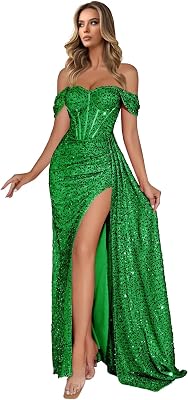 Sequin Off Shoulder Prom Dresses for Women Mermaid Long Formal Evening Party Gowns with Slit