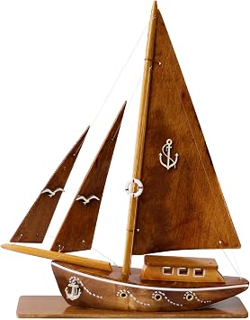 Handmade Wooden Ship with Wooden Sails, Yatch Ship Model, Traditional Nautical Miniature, Model Ship Art, Nautical Home Decor and Meaningful Gift for Special Occasions (Brown)