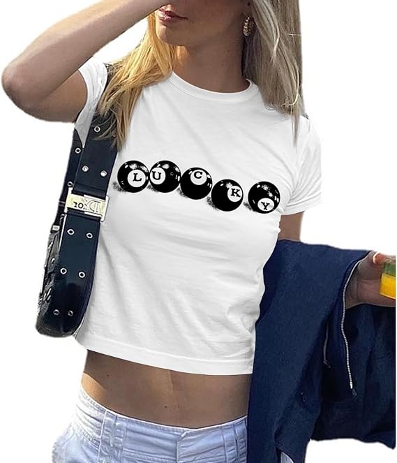Graphic Baby Tees for Women Y2k 8-Ball Shirt Cute Crop Tops for Teen Girls Aesthetic Emo Clothes 2000s Grunge Shirts(White,S)