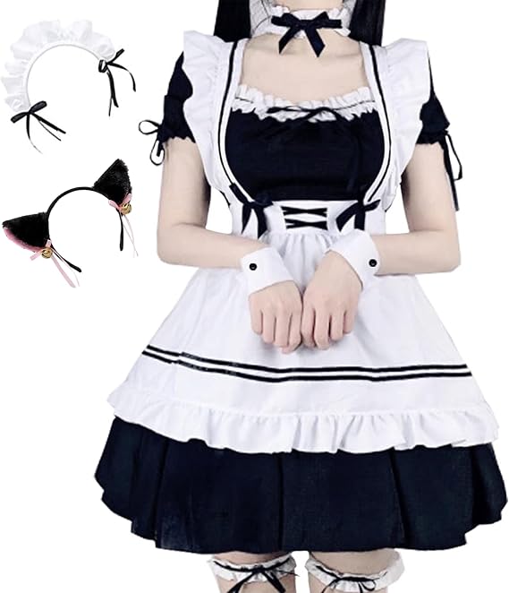 Women's Japanese Anime Maid Cosplay Classic Fancy Apron Maid Dress with Socks