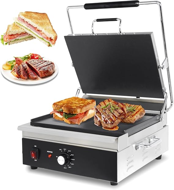 Dual-Sided Flat Panini Press & Grill, Makes 3 Sandwiches at Once, 15"x11" Cast Iron Plates, 1800W, 32-572F Adjustable Temp Control for Home & Commercial Use(CPF-175)