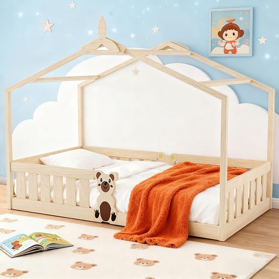 Natural Toddler House Bed 90x200cm, Pinewood Montessori Bed with Guardrails