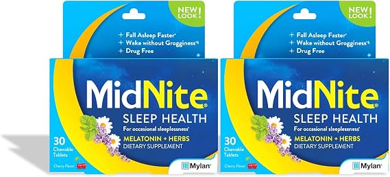 MidNite Natural Sleep Supplement 30 Count Chewable Cherry-Flavored Tablets, Natural Non-Habit Forming Sleep Aid, Melatonin Supplement - Twin Pack