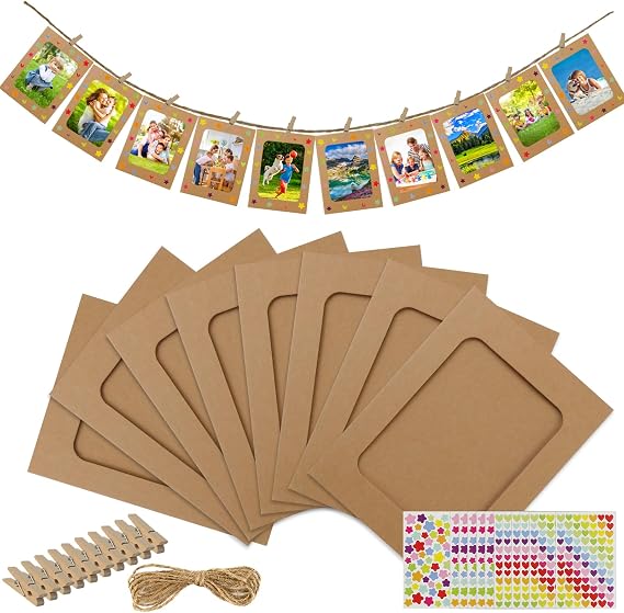 LEFIMOT 50 Pack Paper Picture Frames 4x6in, DIY Cardboard Photo Frames Hanging Display with 50 Clips and 5 Strings, Paper Photo Frame Art Display Frame with 12 Stickers for Wall Decor (Brown)