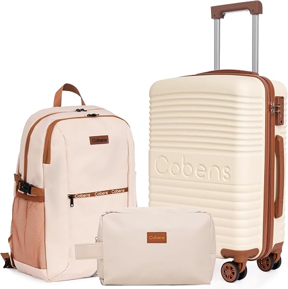 Carry-on Luggage 22x14x9 Airline Approved, 3 Piece Luggage Sets, Beige