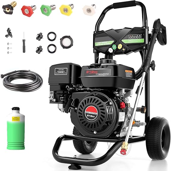 4200PSI Gas Pressure Washer, 2.8GPM Commercial Power Washer Gas Powered, 212cc 7.0 HP Engine,Includes 0.7L Soap Tank,5 QC Nozzles,25 Hose,Car Wash Machine/Car/Driveway, EPA/CARB/ETLCompliant (Black)