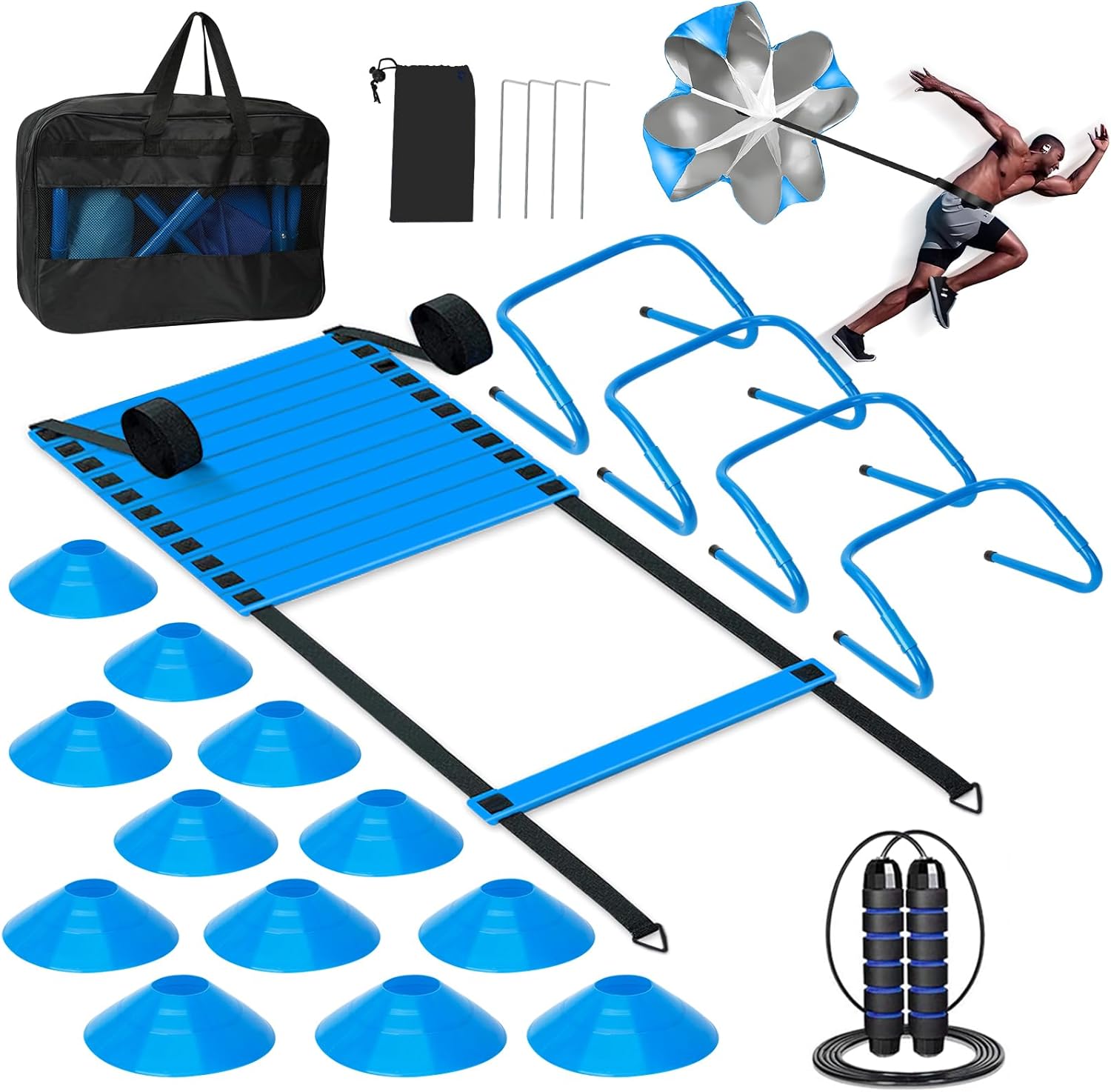 Agility Ladder Speed Training Equipment Set-20ft Agility Ladder,12 Soccer Cones,4 Hurdles, Jump Rope, Running Parachute, Football Soccer Basketball Training Equipment for Kids, Youth, Adults