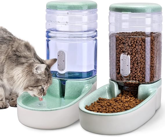 Kacoomi Automatic Dog Cat Feeder and Water Dispenser Gravity Food Feeder and Waterer Set with Pet Food Bowl for Small Medium Dog Puppy Kitten, Large Capacity 1 Gallon x 2