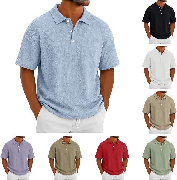Linen Shirts for Men Textured Short Sleeve Casual Polo Shirt Regular Fit Collared Golf Shirts Tops