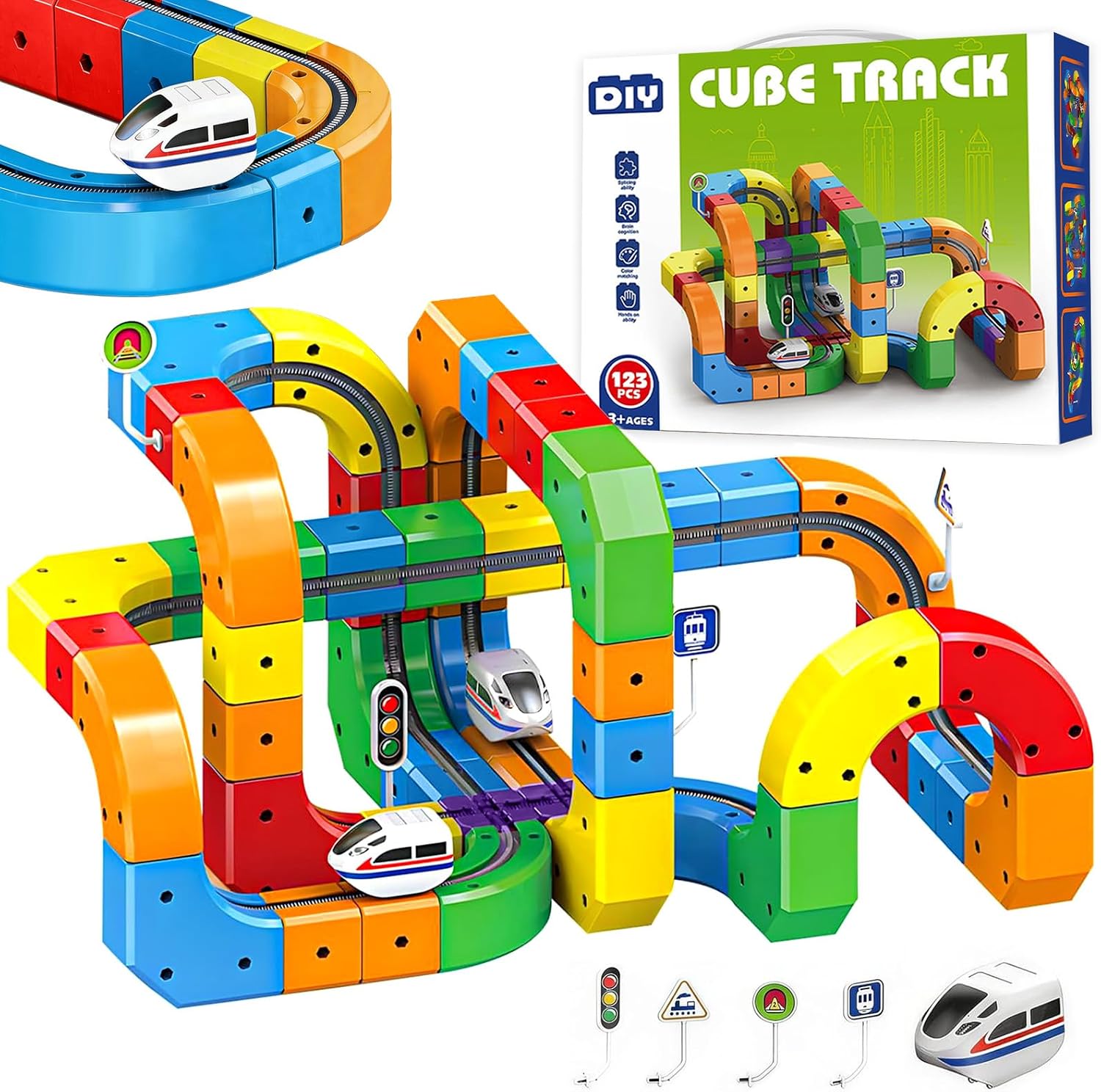 123PCS Electric Train Set,Magic Rail Cube Train Set,DIY Cube Track Building Set,Gravity-Defying 3D Embedded Layouts & Motorized Car,Rail Cube Building Toy,Festival or Birthday Gifts for Boys Girls